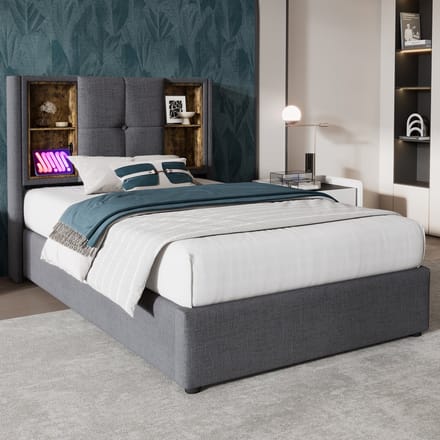 REDOM Opbergbed 90x200 cm – Katoen – Hydraulisch – Draadloos laden & USB/Type-C – Grijs – 150 kg