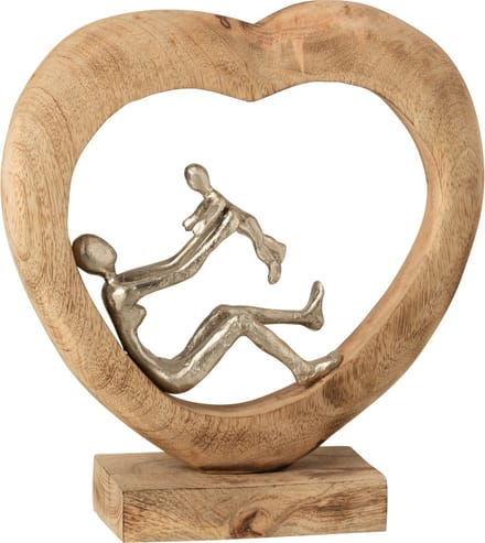 J-Line decoratie Figuur Ouder Met Kind Hart - hout/aluminium - naturel/zilver