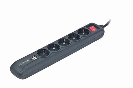Gembird SPG5-U2-5 Stekkerdoos met schakelaar 5-voudig incl. 2x USB charge - Zwart