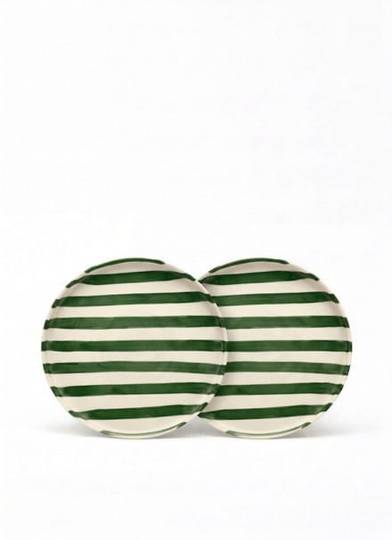 vtwonen - Borden - Lunchbord - Strepen - Groen - Set van 2 - Keramiek - 20cm