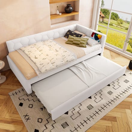 MODFU Bedframe 90x200 cm – fluweel wit – met uitschuifbed, USB/Type-C en nachtlampje – multifunctioneel dagbed
