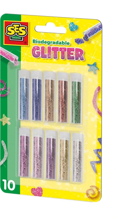 SES Creative Biodegradable Glitter - 10 Kleuren om mee te Versieren - Vanaf 3 Jaar - 10 Stuks - Knutselen - Biologisch Afbreekbaar - Schoencadeautjes Sinterklaas