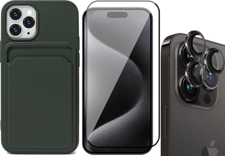 Hoesje Pasjeshouder geschikt voor iPhone 15 Pro - Screenprotector FullGuard + Camera Lens Screen Protector Zwart - Siliconen Case Back Cover Groen