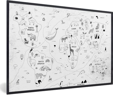 Wereldkaart - Kinderen - Wit - Zwart - Schoolplaat - Kinderkamer - 90x60 cm