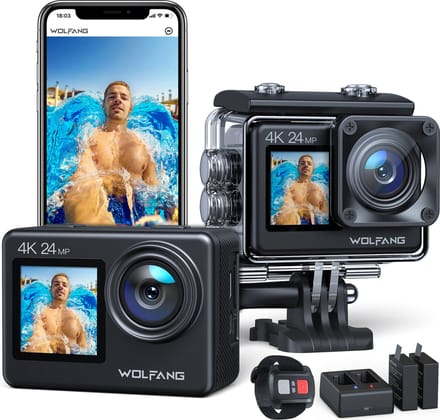 WOLFANG GA200 Action Camera - 4K 24MP - Waterdicht 40M - EIS Stabilisatie - WiFi - Lader - Afstandsbediening - Accessoire Kit