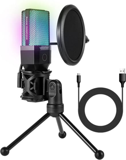 Condensator Microfoon - Studio Microfoon - Podcasting Streamen - RGB LED Verlichting - 16 cm - Zwart