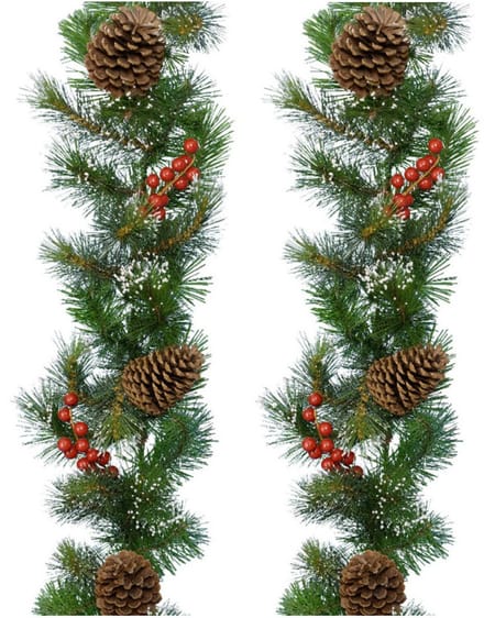 Decoris Guirlande - Set van 2x stuks - kerstslinger - groen - nepsneeuw en deco - 270 cm