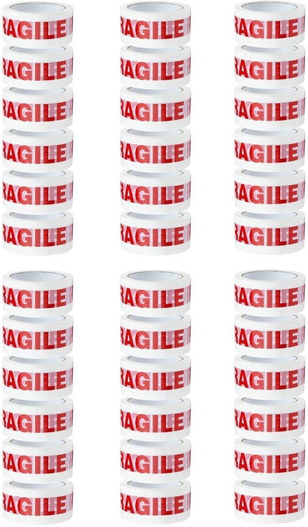 Breekbare verpakkingstape met fragile tekst, 66x50 mm, 36 rollen per doos