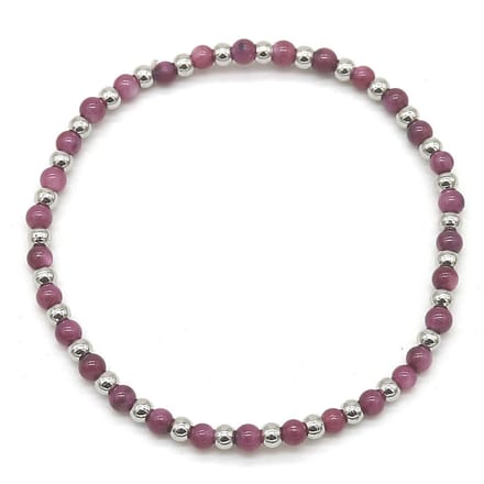 Armband Dames - Elastisch - Zilverkleurige Kralen RVS - Paarse Steentjes
