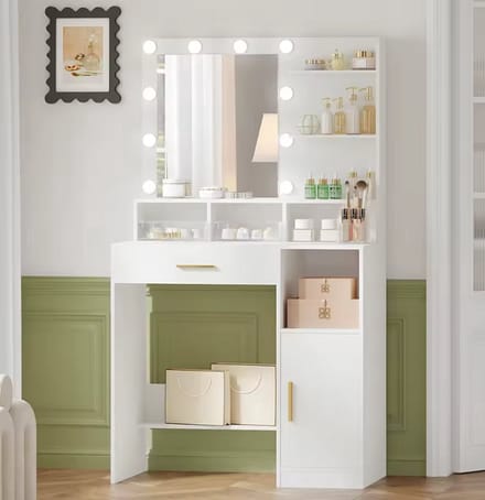 JHA make-up tafel, HD-spiegel,LED verlichting, instelbare met 3 planken en 4 open vakken, wit