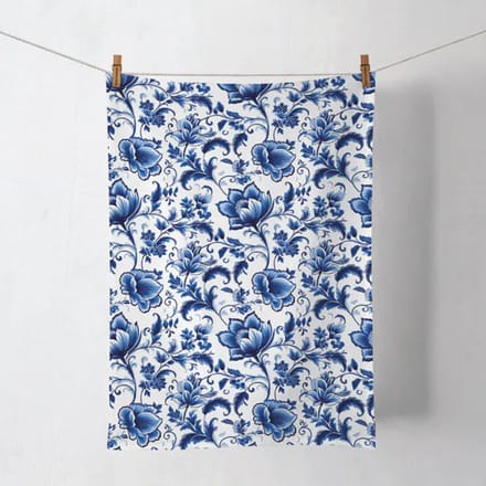 Ambiente Delft Blue theedoeken blauw met bloemen 50 x 70 cm