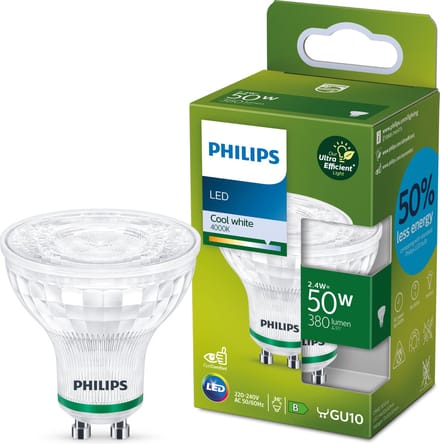 Philips Ultra Efficient LED spot GU10 - 2.4W(50W) - GU10 - 4000K Koelwit licht - 380 lumen