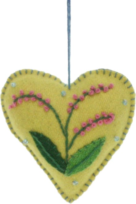 Hart geel Roze bloemen, vilt 6,5x2x7cm