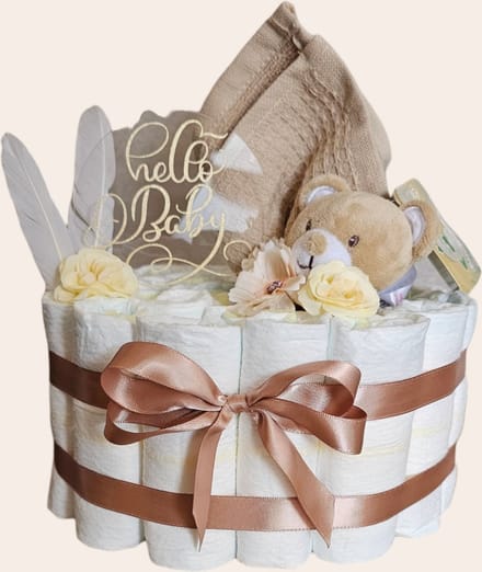 Luiertaart - bruin - hello baby - knuffel en doekje