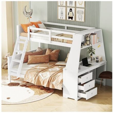 Merax Stapelbed 90 x 200 cm + 140 x 200 cm - bureau + 3 lades + plank - MDF hout - wit