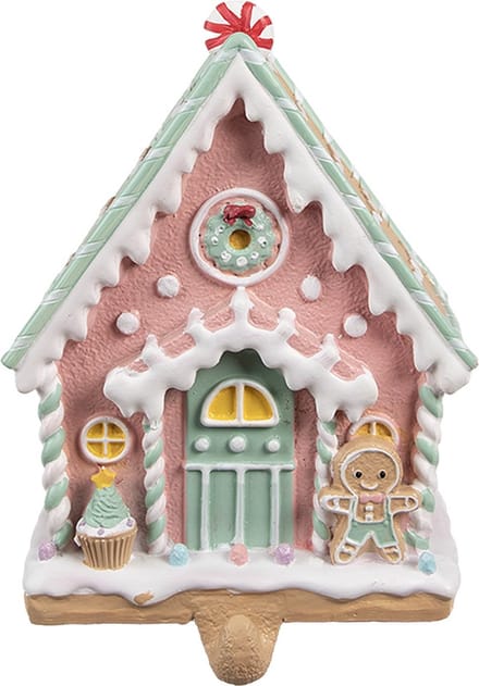 Clayre & Eef Haak Kerstsok Gingerbread house 13x10x18 cm Roze Kunststof