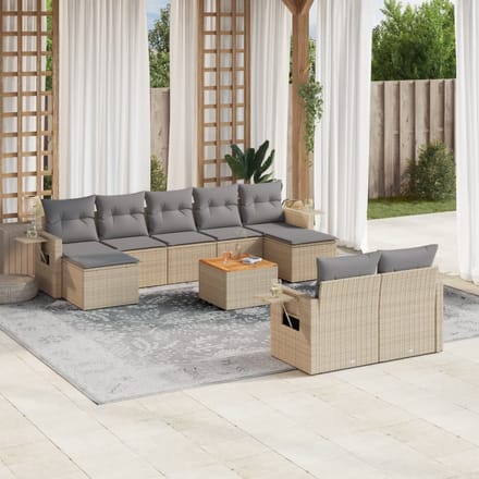 vidaXL - 10-delige - Loungeset - met - kussens - poly - rattan - beige