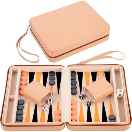 Backgammon 9 inch - Beige, Oranje & Zwart Ingelegd Bord - Beige Zipper - Compact Reisspel - Engelhart