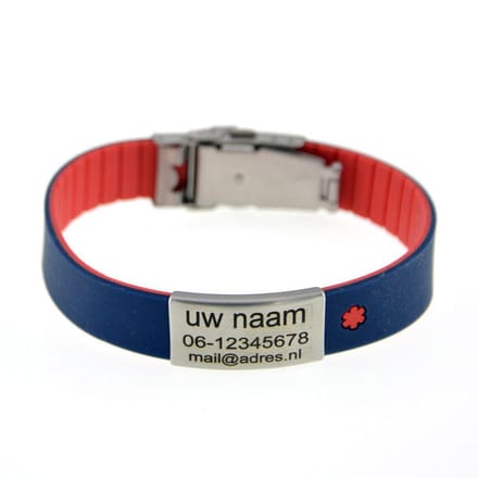 ID armband RVS siliconen rood-blauw inclusief graveren