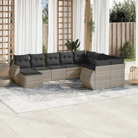vidaXL - 10-delige - Loungeset - met - kussens - poly - rattan - lichtgrijs