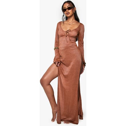 boohoo Dames Premium Zwemglitter Lange Mouw Maxi Strandjurk | Rust | Maat: 14