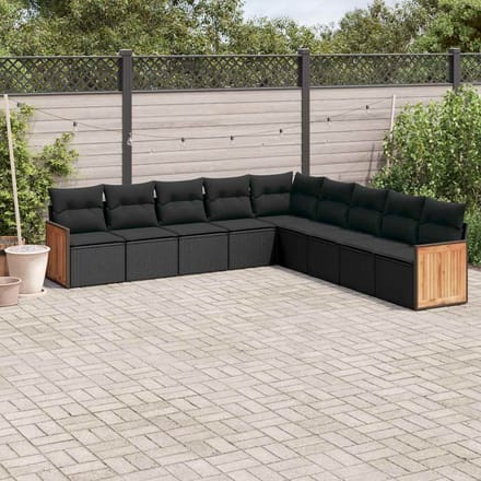 vidaXL - 9-delige - Loungeset - met - kussens - poly - rattan - zwart