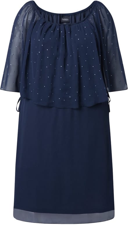 Ulla Popken - Dames - Jurk chiffon-volants A-lijn carmenhals - Marine - Maat 58+