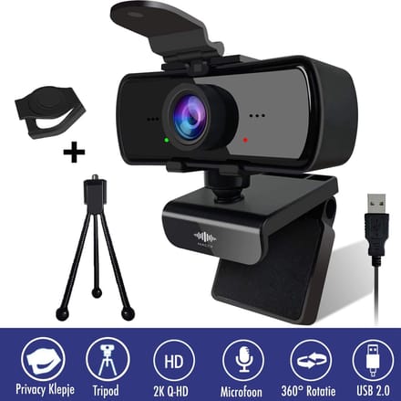 DynaBright Webcam met Ruisvrije Microfoon - Webcam Cover en Tripod - HD Pro Webcam - 4MP - 2560x1440 - Webcam voor PC - Webcam voor Computer