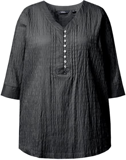 Ulla Popken - Dames - Tuniek strepen biesjes bubble-structuur 3/4-mouwen - Zwart - Maat 50+