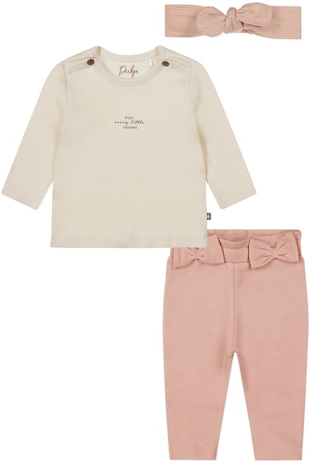 Dirkje - Basic Collection - BIO COTTON - Broek met 2 strikjes light pink- Shirt offwhite -Haarbandje Roze -Maat 86