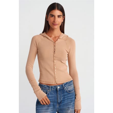 Geribbelde Katoenmix Cropped Hooded Blouse