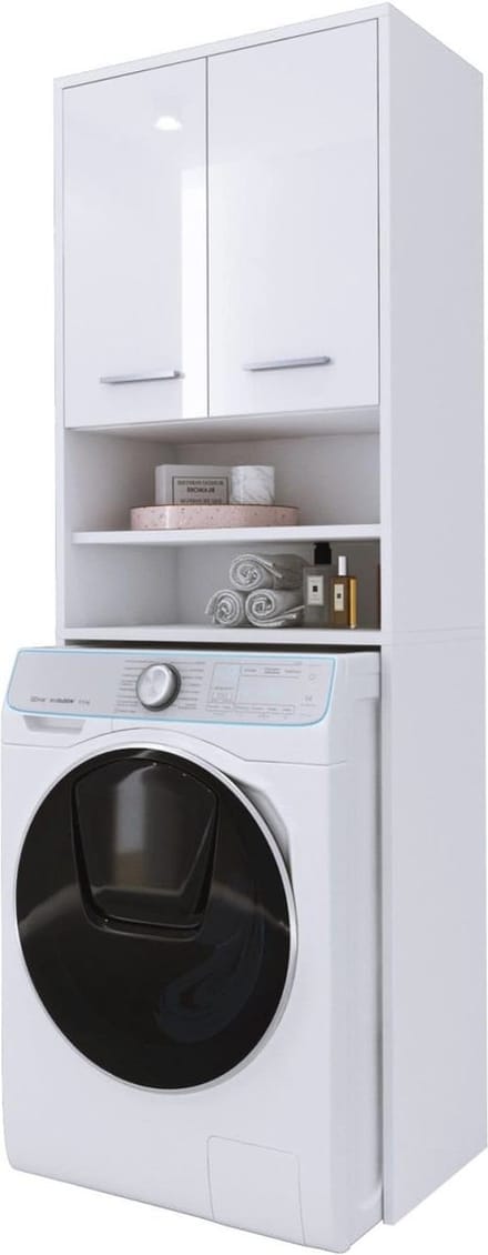 Wasmachine meubel - Badkamerkast - Opbergen wasruimte - Twee kasten - H 180 cm - Wit glanzend