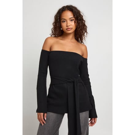 boohoo Dames Geborsteld rib Bardot strik taille Lonline top | Black | Maat: 6