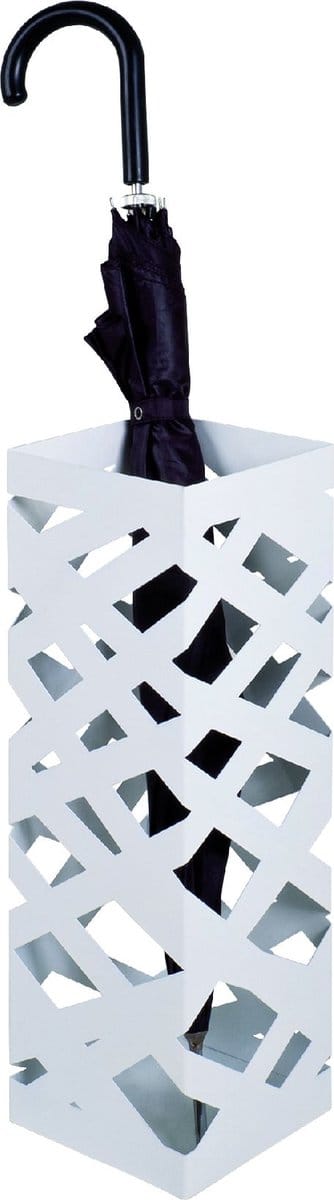Paraplubak – Wit metaal met uitneembare lekbak – Moderne paraplustandaard – 48 cm hoog, 16 cm breed, 16 cm diep