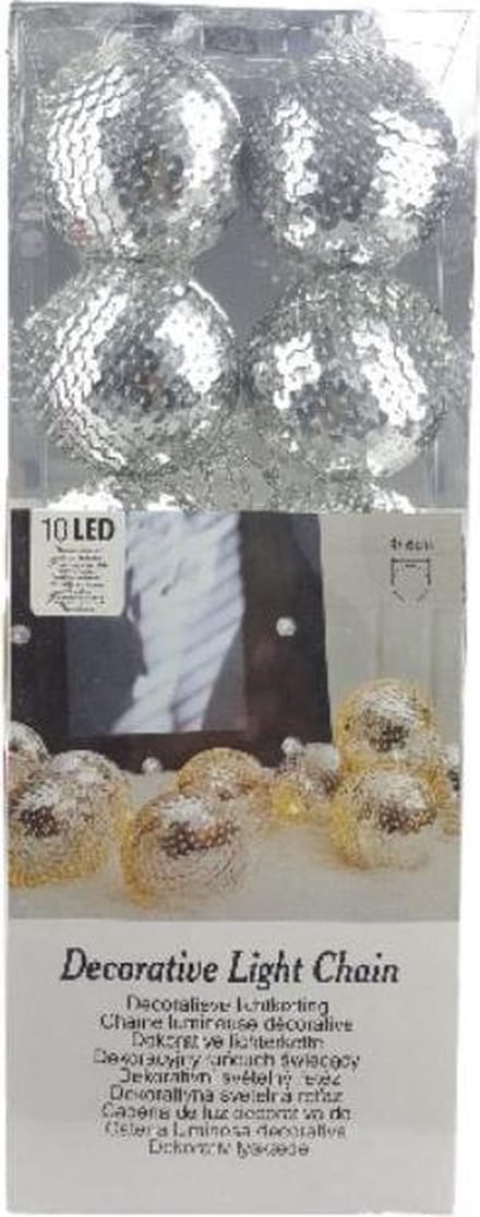 Decoratieve lichtslinger met pailletten - Zilver - 10 led lampen - Ø 6cm