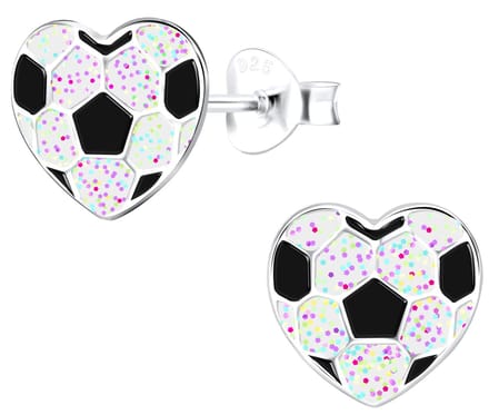 Joy|S - Zilveren hartje oorbellen - voetbal - glitter wit - 9 mm