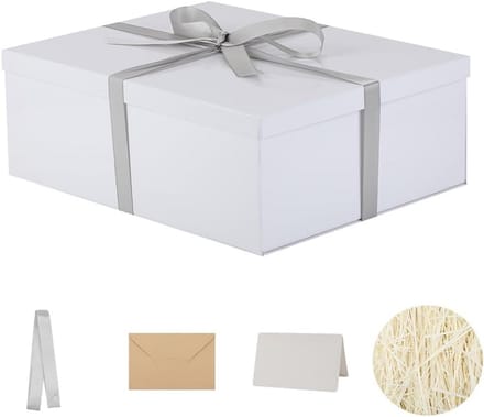 Witte geschenkdoos met deksel 17x13x6 inch inclusief versnipperd papiervulling en envelopkaart