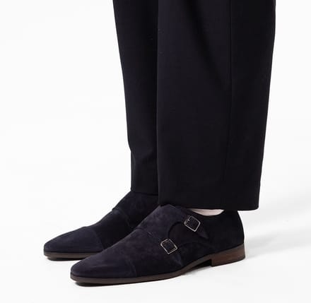 Manfield - Heren - Donkerblauwe gespschoenen van suède - Maat 47