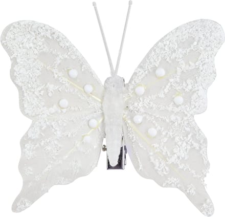Vlinderdecoratie in wit op clip 7,5cmx7cm 4 stuks