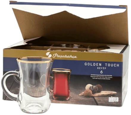Paşabahçe Golden Touch Keyif - Set van 6 glazen - Theeglazen - Gouden Rand - 145 ml
