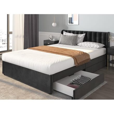 Merax Bed met 2 lades - 140 x 200 cm - fluweel - lattenbodem - kleur zwart