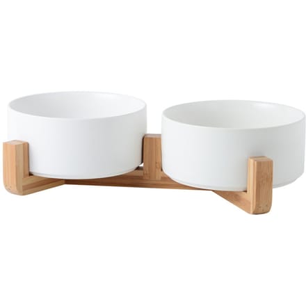 Keramische katten- en hondenbak met antislip bamboe standaard Medium 15.5cm white