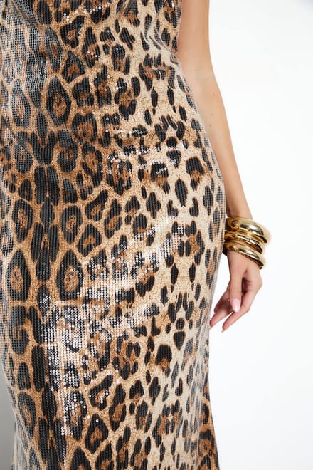 boohoo Dames Cowl Neck Luipaard Sequin Maxi Jurk | Brown | Maat: 14