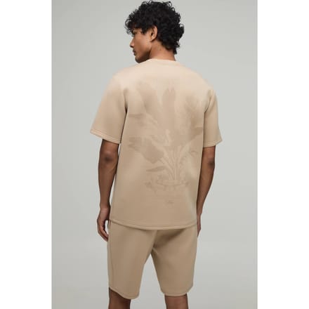 Floral Printed Regular Fit Bonded Scuba T-Shirt & Slim Pintuck Short Set | Taupe | Size Medium