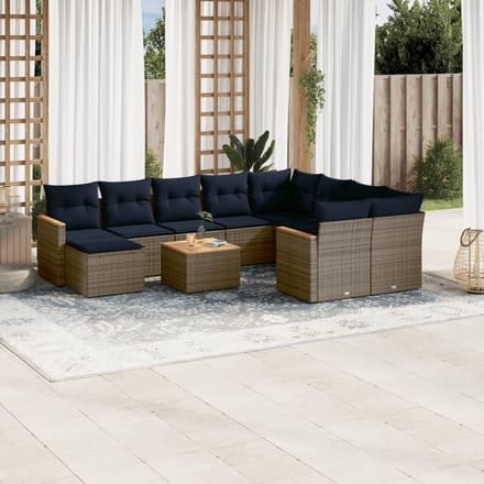 vidaXL - 11-delige - tuinbankset - met - kussens, - grijs - polyrotan