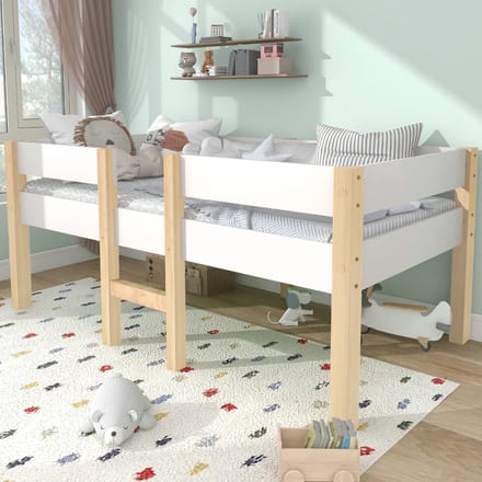 VVBV Kinderbed met valbescherming, dennen, massief hout, 90x200 cm, Wit en eiken