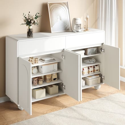 OKWISH Dressoir – Gebogen Deuren – 140 x 38 x 89 cm – 2 Laden En 4 Deuren – Verstelbare Planken – MDF Wit