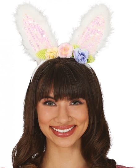 Fiestas Verkleed diadeem paashaas/bunny oren - wit bloemen- meisjes/dames - Carnaval