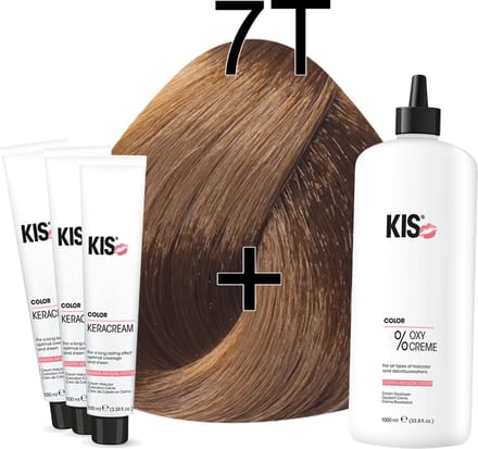 Kis KeraCream Color - 100ml - Haarverf Set - 7T Licht tabak | KIS - (3 x haarverf & 1L waterstofperoxide)