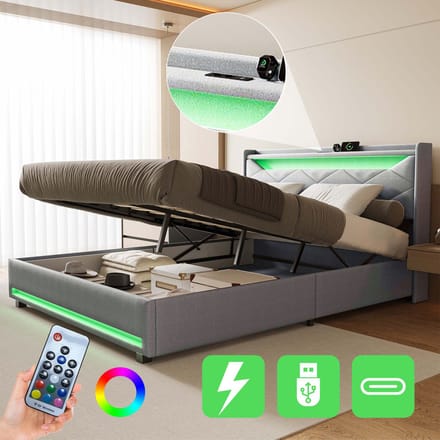 Opbergbed 160x200 cm Grijs, Hydraulisch, RGB LED, USB, Dubbele LED-Verlichting